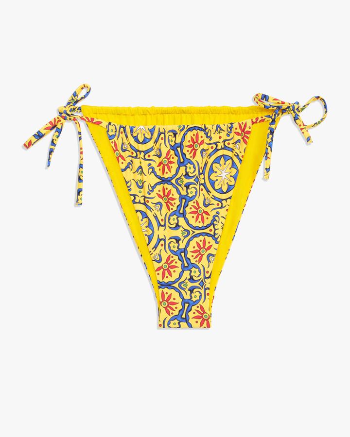 Ruched String Bikini Bottom in Saffron Multi Gold Tile