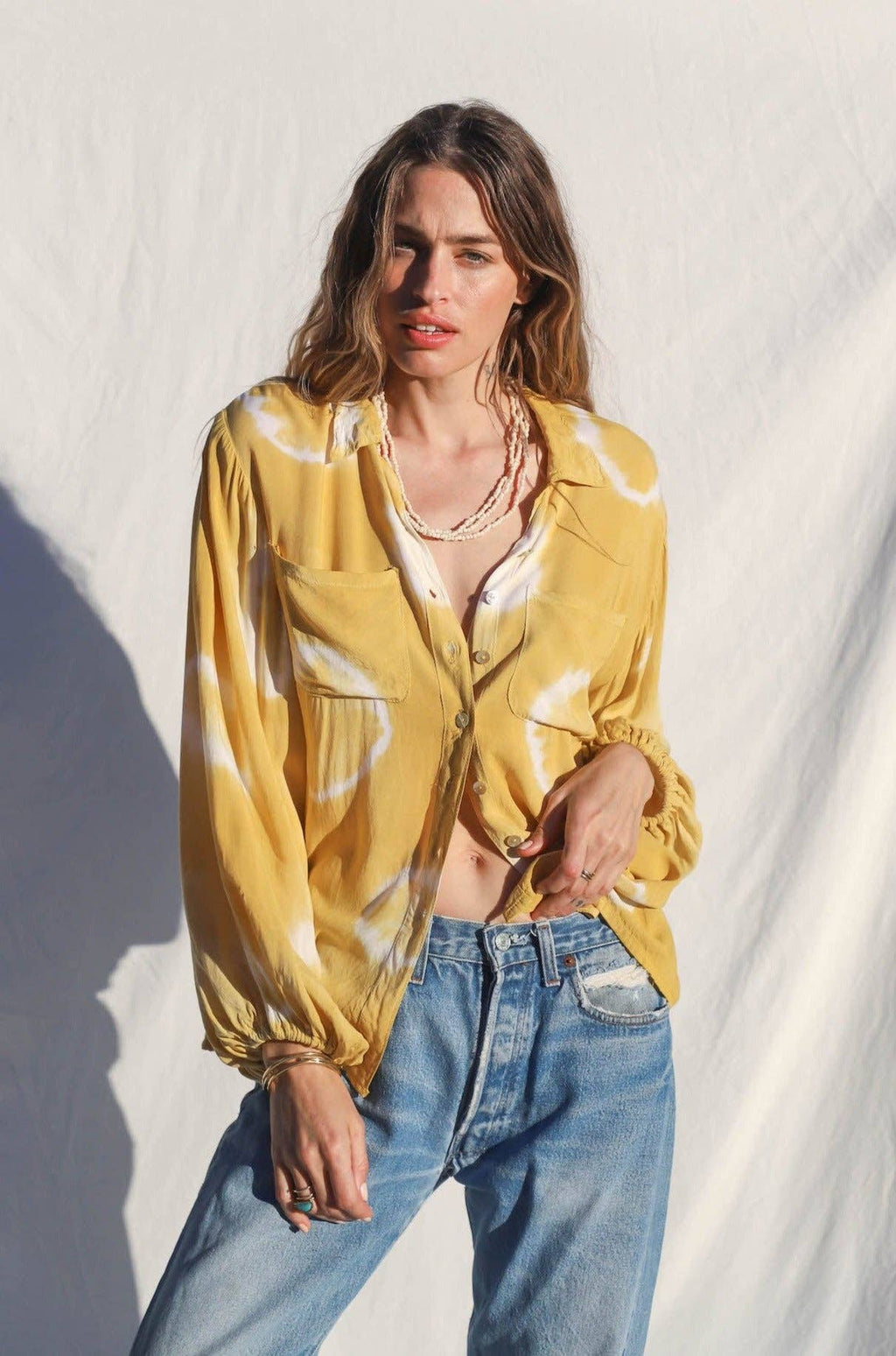 Tie Dye Esme Button Down: Rio Whiskey Geo Tie Dye