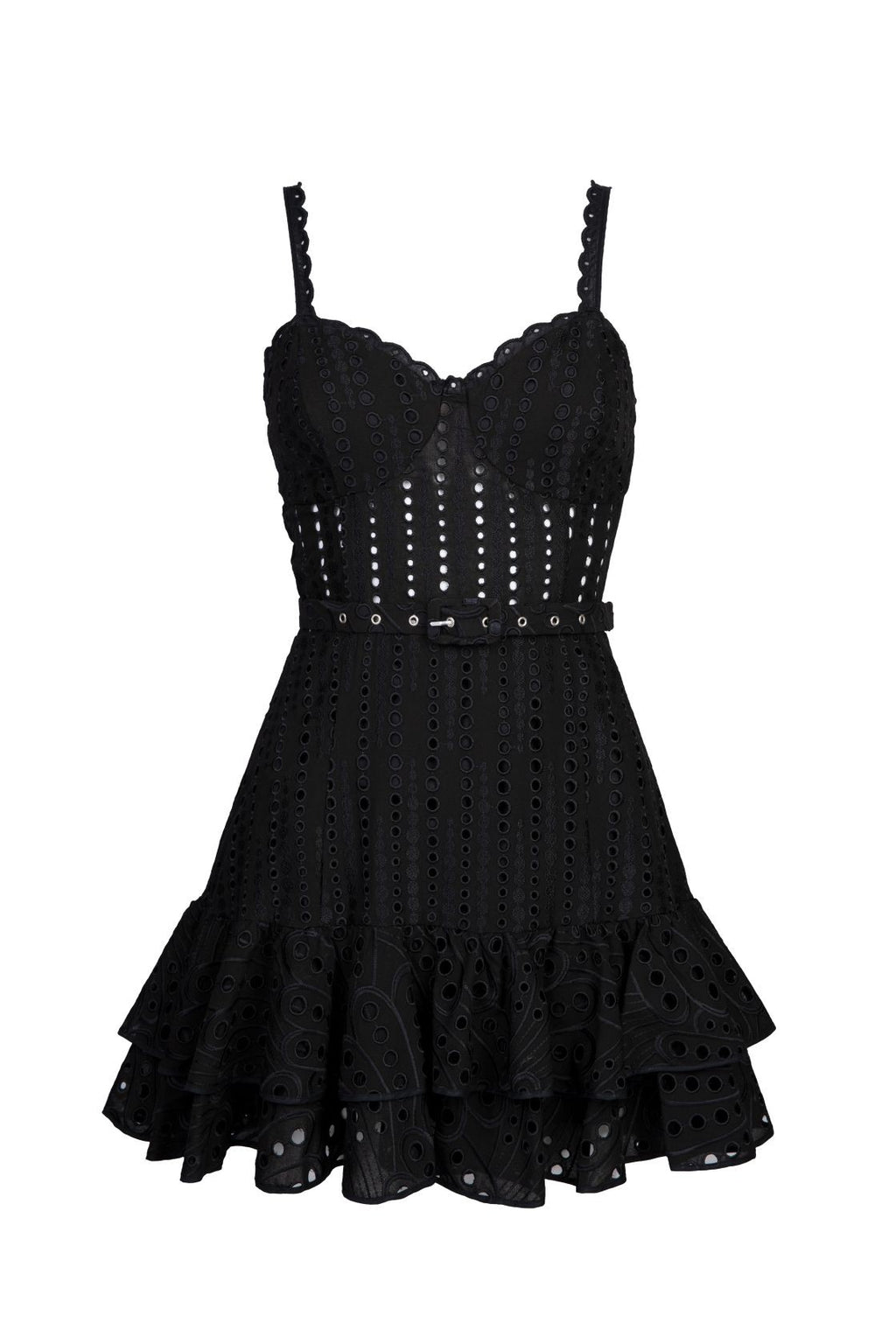 Marianne Ruffled Eyelet Mini Dress in Black