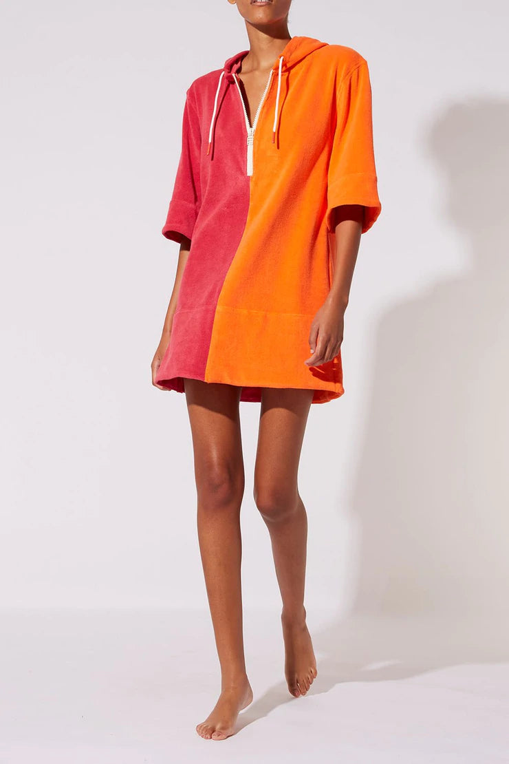 The Zip Hoodie Dress in Tangerine and Strawberry